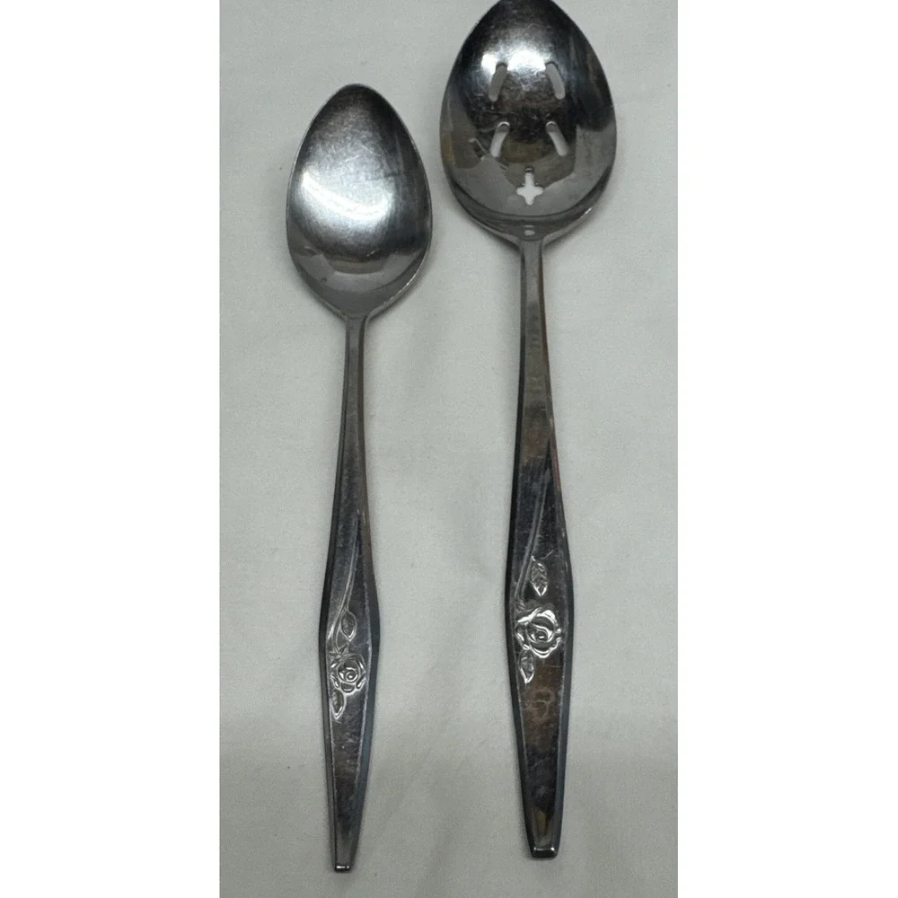 Creative Manor Spritely Rose Stainless Steel Japan Lot 2 Serving Spoons Slotted